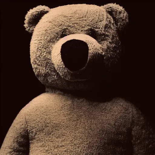 Image similar to Portrait studio photograph of Kanye West standing in front of a anthropomorphic teddy bear, close up, shallow depth of field, in the style of Felice Beato, Noir film still, 40mm