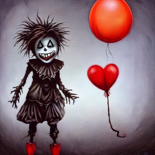 Image similar to grunge painting of a scarecrow with a wide smile and a red balloon by chris leib, loony toons style, pennywise style, corpse bride style, horror theme, detailed, elegant, intricate, conceptual, volumetric light