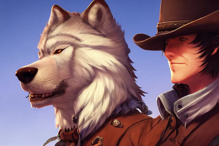 Prompt: character portrait icon of the anthro anthropomorphic of the male anthropomorphic wolf fursona wearing cowboy outfit wild west character design by charlie bowater, ross tran, artgerm, and makoto shinkai, detailed, soft lighting, rendered in octane