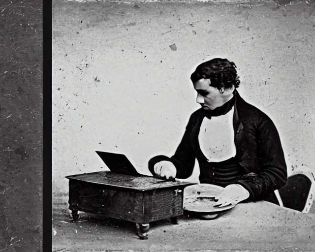 Prompt: an early 1800s photo of someone sitting at a computer making a donut in blender