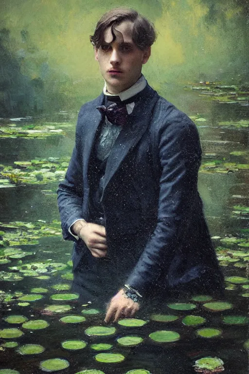 Image similar to detailed cinematic moody colors studio portrait of a young victorian gentleman in a beautiful victorian water pond, water lilies, high quality by jeremy mann, only one head single portrait