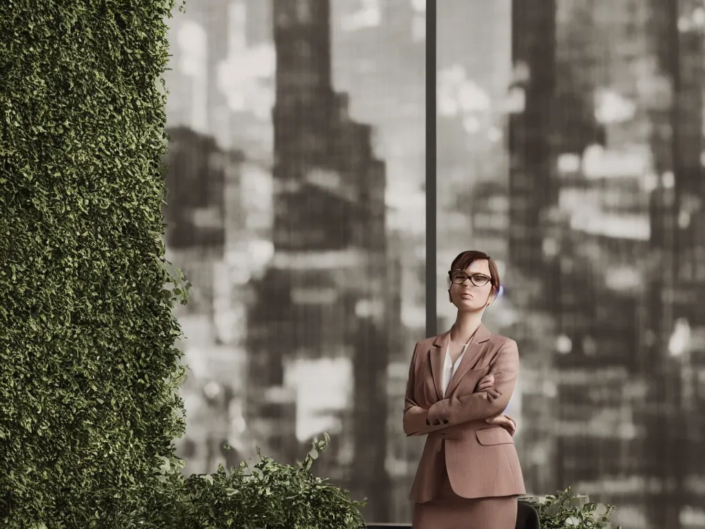 Image similar to woman wonders what could be created, wearing office suit, portrait pose beside window, green foliage in background, bokeh, backlighting, stock photo, modern clothing, 4k, octane render, photorealistic