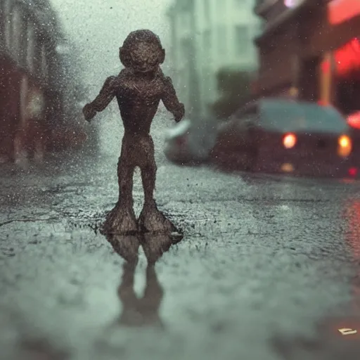 Prompt: several small humanoid creatures running into a storm drain, wet streets, twilight, streetlights, kodachrome,