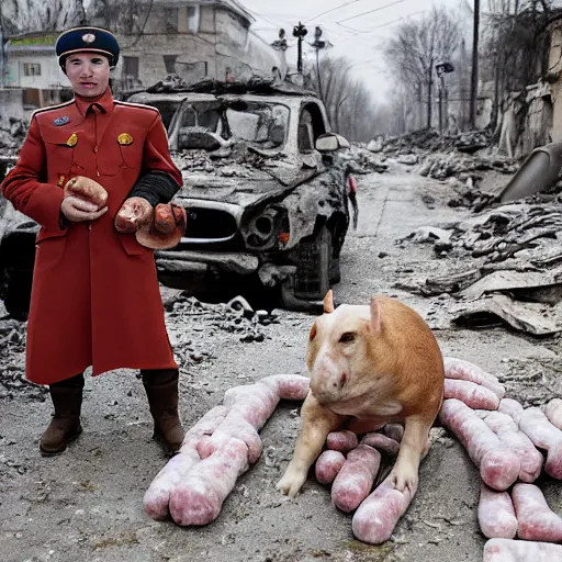 Prompt: soviet trooper with the head of hybrid of dog and pig, holding sausages, toilet paper and a notebook, on the ruined street of ukrainian village.