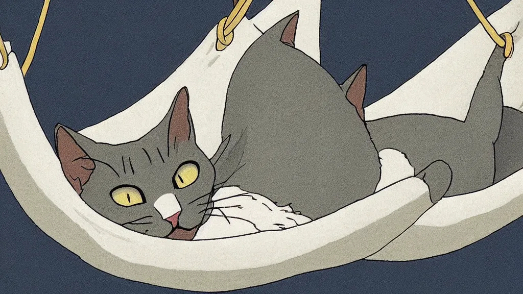 Prompt: grey american shorthair cat sleeping in a hammock, animated still, by studio ghibli, by hayao miyazaki