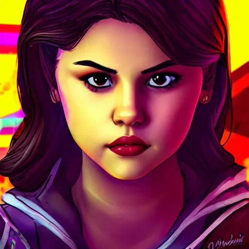 Prompt: selena gomez portrait, borderlands, tales from the borderlands, the wolf among us, comic, cinematic lighting, studio quality, 8 k