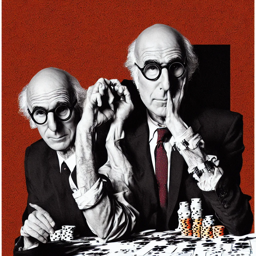 Image similar to larry david playing poker, Mads Berg, Karolis Strautniekas, James Yang, Brutalism, Constructivist, film noir, stippled light, dramatic lighting,editorial illustration, detailed, matte print, dark orange black white red, a lone man