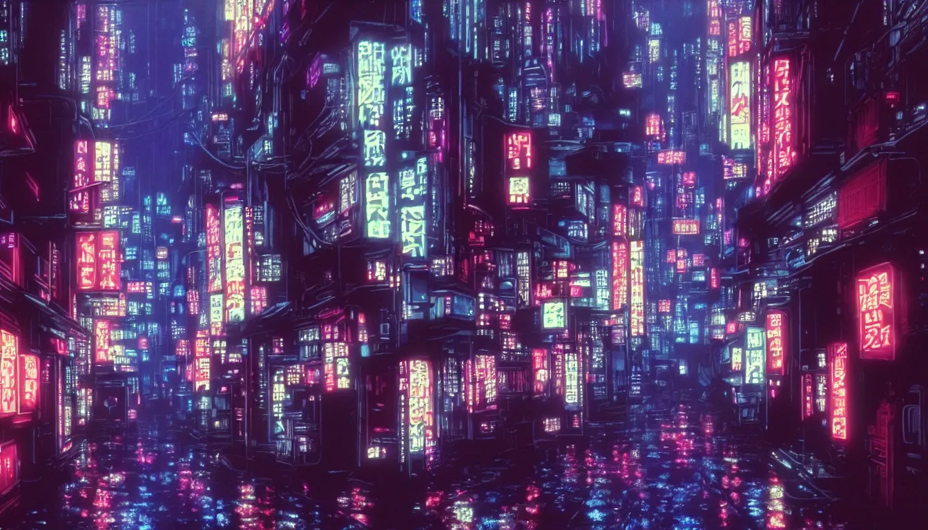 Image similar to screencap of an alley inside a city from ghost in the shell ( 1 9 9 5 ), night time, neon lights, rain, busy, traffic