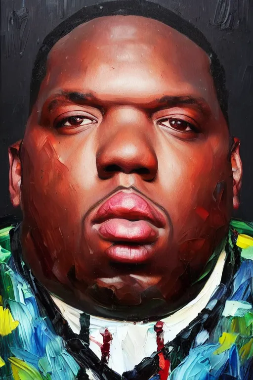 Prompt: palette knife oil painting portrait of biggie smells, hip hop nightclub, artstation trending, artgerm, any racial background, deviant art, hipster, octane, substance, art history 8 k