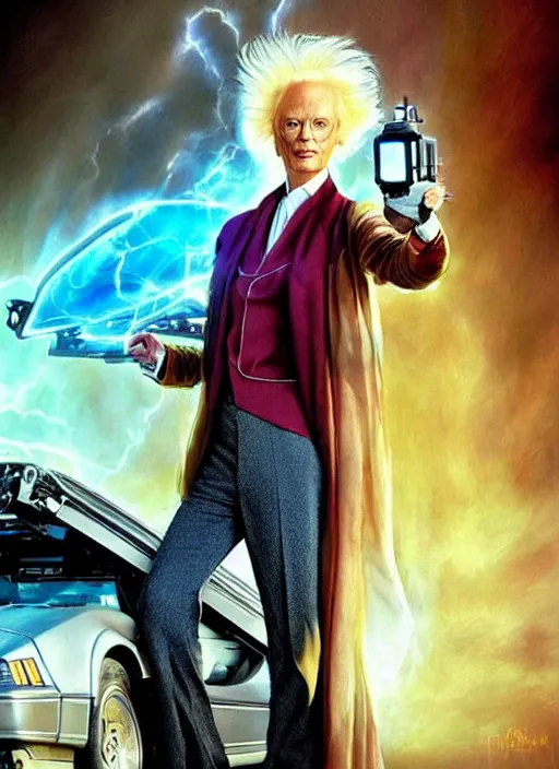 Prompt: formal portrait of beautiful tilda swinton as doc brown from back to the future. digital art by eugene de blaas, ross tran, and nasreddine dinet, vibrant color scheme, intricately detailed, delorean background, in the style of romanticism, cinematic, lighting background, artstation, greg rutkowski