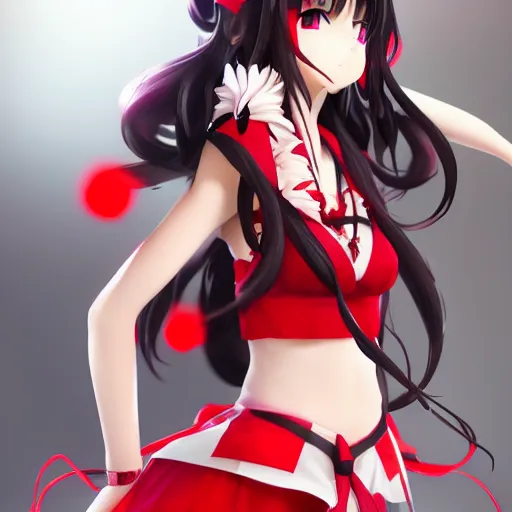 Prompt: hakurei reimu render as a very beautiful 3d anime girl, hot petite, long braided hair, hazel eyes, full round face, short smile, cinematic lightning, medium shot, mid-shot, highly detailed, trending on Artstation, Unreal Engine 4k, cinematic wallpaper