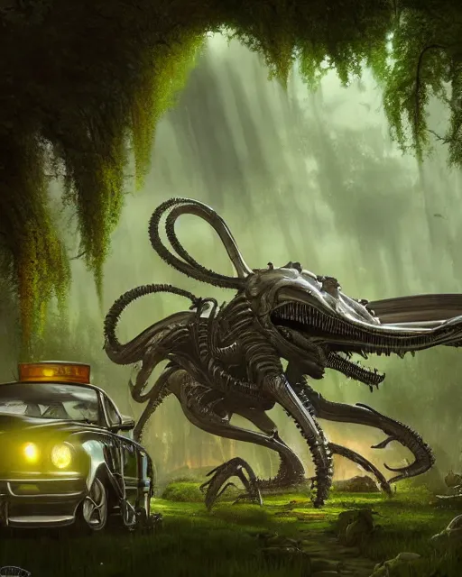 Image similar to xenomorph taxi car in a fantasy village, calming, uplifting mood, ultra realistic, farm, small buildings, highly detailed, atmosphere, masterpiece, epic lighting, elves, green plants, magic, illuminated, 4 k, cinematic, morning sun, art by eddie mendoza and sylvain sarrailh and jonathan berube