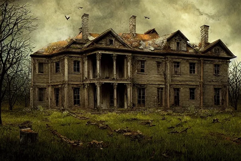 Image similar to dilapidated country estate, abandoned, eerie, spooky matte painting by andrea kowch, detailed realistic