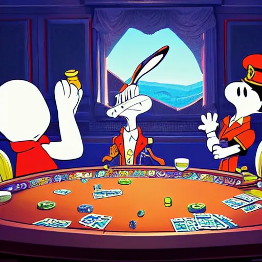 Prompt: a highly detailed vector picture of bugs bunny and captain crunch and snoopy and bender playing poker, art by dan mumford and yusuke murata and makoto shinkai and ross tran, cosmic, heavenly, god rays, intricate detail, cinematic, 8 k, cel shaded, unreal engine, featured on artstation, pixiv