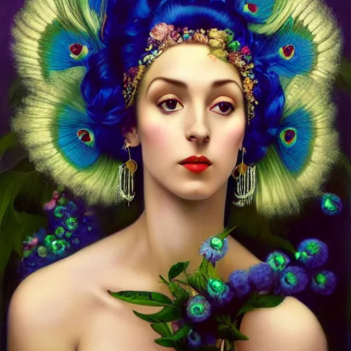 Prompt: portrait composition, a painting of a blue skinned woman with hair of flowers and peacock plummage wearing ornate earrings, a surrealist painting by tom bagshaw and jacek yerga and tamara de lempicka and jesse king, featured on cgsociety, pop surrealism, surrealist, dramatic lighting, wiccan, pre - raphaelite, ornate gilded details