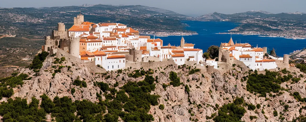 Image similar to 35mm photo of the Spanish castle of Salobrena on the top of a large rocky hill overlooking a white Mediterranean town, white buildings with red roofs, ocean and sky by June Sun