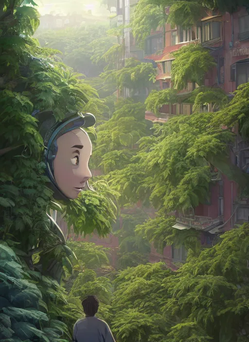 Image similar to lunarpunk portrait of a man looking out from his bedroom window to forest, city pop, au naturel, hyper detailed, digital art, trending in artstation, behance, deviantart, cinematic lighting, studio quality, smooth render, unreal engine 5 rendered, octane rendered, art style by pixar dreamworks warner bros disney riot games and ghibli studios