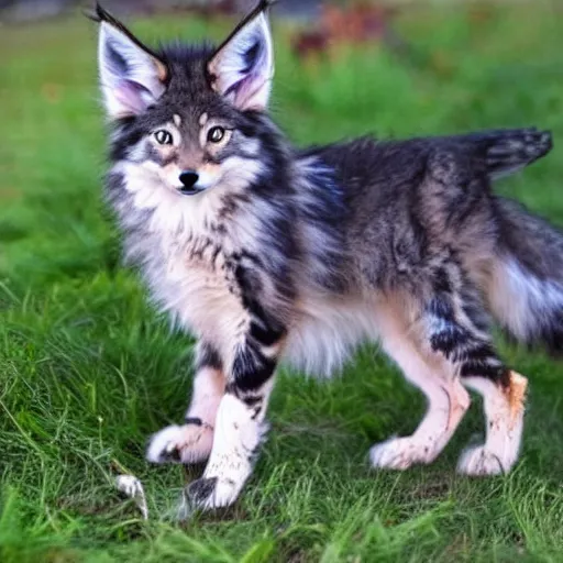 Image similar to a very cute maine coon coyote wolf kitten hybrid with long fluffy tail