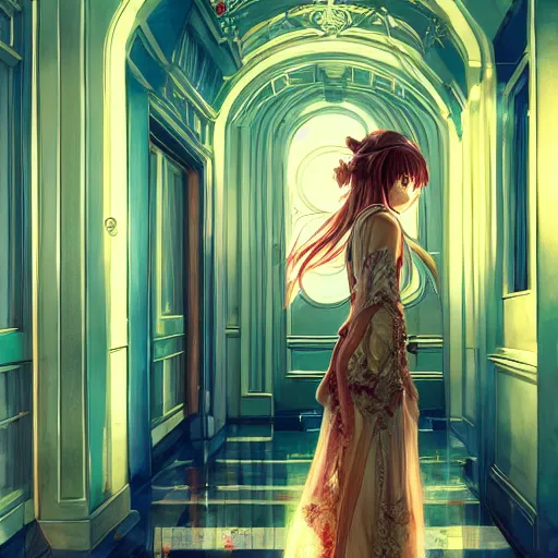 Prompt: beautiful girl in intricate clothing walking through a hallway of mirrors, very high intricate details, painting, digital anime art, medium shot, mid - shot, reflections, wlop, ilya kuvshinov, artgerm, krenz cushart, greg rutkowski, sana takeda