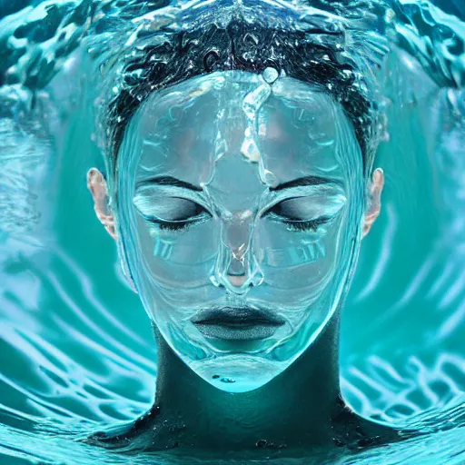 Image similar to water artwork manipulation in the shape of a human head, on the ocean water, futuristic, glowing, gradient, hyper realistic, ray tracing, realistic water, sharp focus, long shot, 8 k resolution, cinematic, photoshop water art