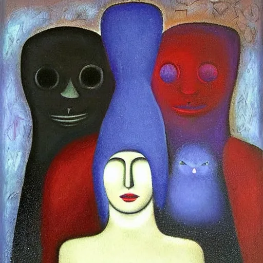 Image similar to Oil painting by Rufino Tamayo. Mechanical gods with bird faces kissing. Oil painting by Lisa Yuskavage.