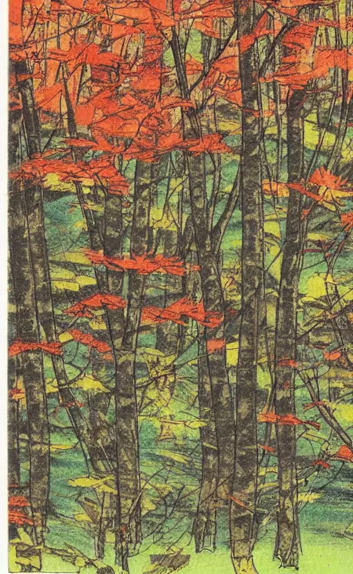 Prompt: by akio watanabe, manga art, maple forest next to pond, fall season, trading card front