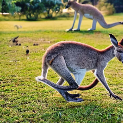 Prompt: a kangaroo play with Chinese rural dog by Bruno Liljefors, dog paw shaped cloud, blue sky, garden,