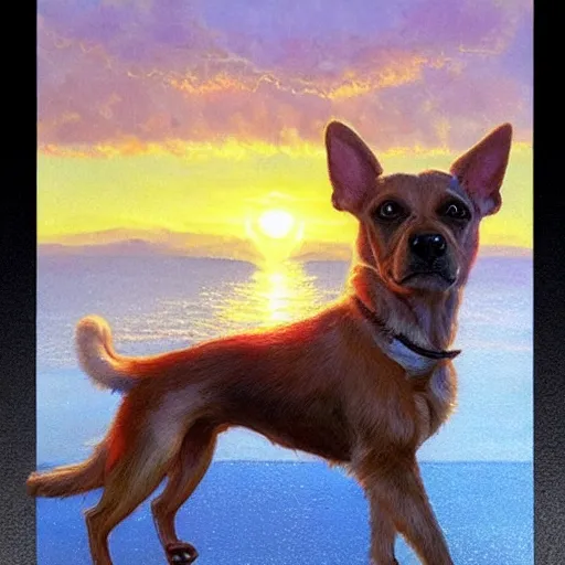 Image similar to a cute dog and a white sneaker shoe with its laces undone, highly detailed, hyperrealistic, sunset in the background, rays of golden sunlight, oil painting by greg rutkowski and artgerm and wlop