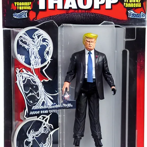 Image similar to action figure of Trump turning into Venom and shooting black web lines out of hair by Hasbro