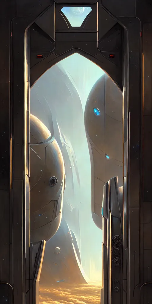 Image similar to hyper realistic art - deco sci - fi double door by jordan grimmer, darek zabrocki