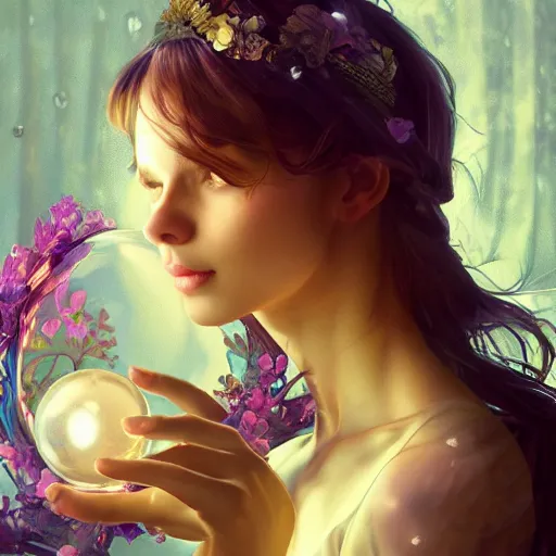 Image similar to crystal ball with a dreamscape inside, product studio photography, super highly detailed, professional digital painting, artstation, concept art, smooth, sharp focus, extreme illustration, unreal engine 5, photorealism, beautiful, cinematic, art by artgerm and rutkowski and alphonse mucha and loish and wlop