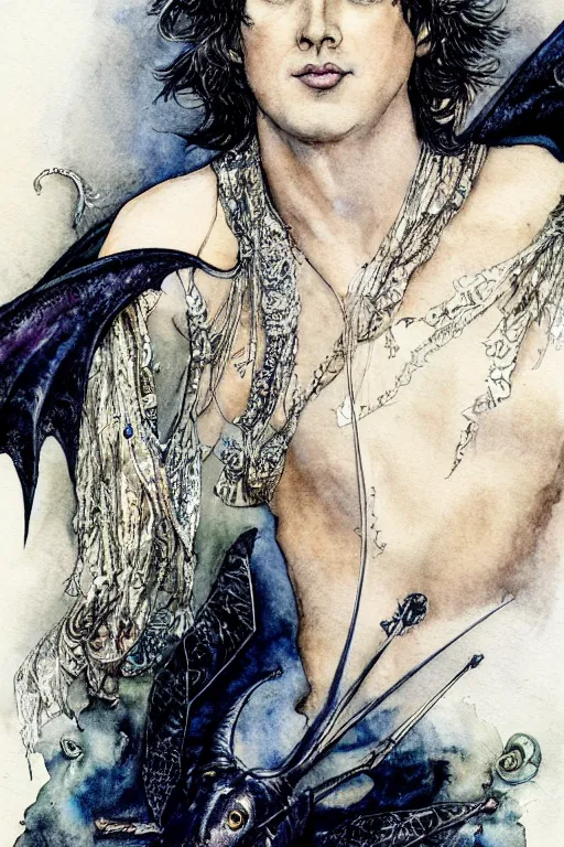 Image similar to oscar wilde realistic portrait closeup surrounded by bat wings, art by luis royo and walter crane and kay nielsen, watercolor illustration,