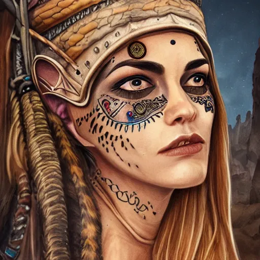 Prompt: a detailed portrait of desert warrior with face tattoos, fantasy art illustration, incredibly highly detailed and realistic, 8 k, sharp focus