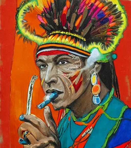 Prompt: Painting of a shaman dressed in a colorful traditional clothes. He is smoking a pipe and blowing out smoke which is morphing into fractals