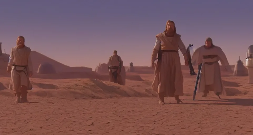 Prompt: beautiful wide shot tatooine landscape, obi wan kenobi, Luke skywalker, landspeeder Star Wars a new hope 1977, studio ghibli, Miyazaki, Greg rutkowski, Jean girard, Moebius , animation, golden hour, highly detailed, hdr, vivid color, 70mm