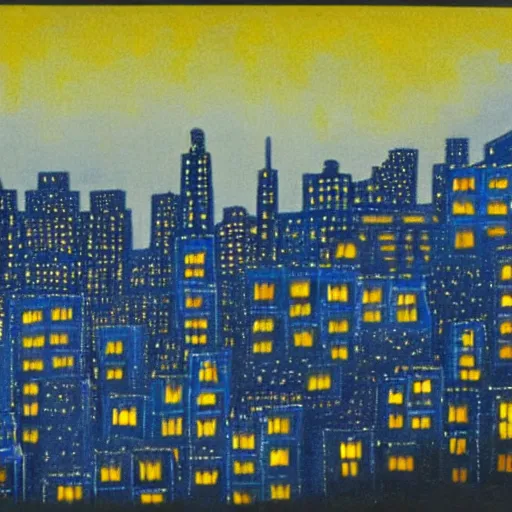 Image similar to night scene of a city. The darkness of the night is illuminated by artificial lighting. The sky is painted with cobalt blue, and shimmers with the light of stars. The buildings are painted in black, and stand out against the sky. They are silhouetted against a background which is painted with hazy grey.