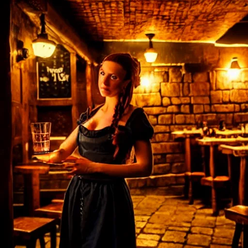 Image similar to attractive bar maid in a medieval tavern at night, cinematic, filmic