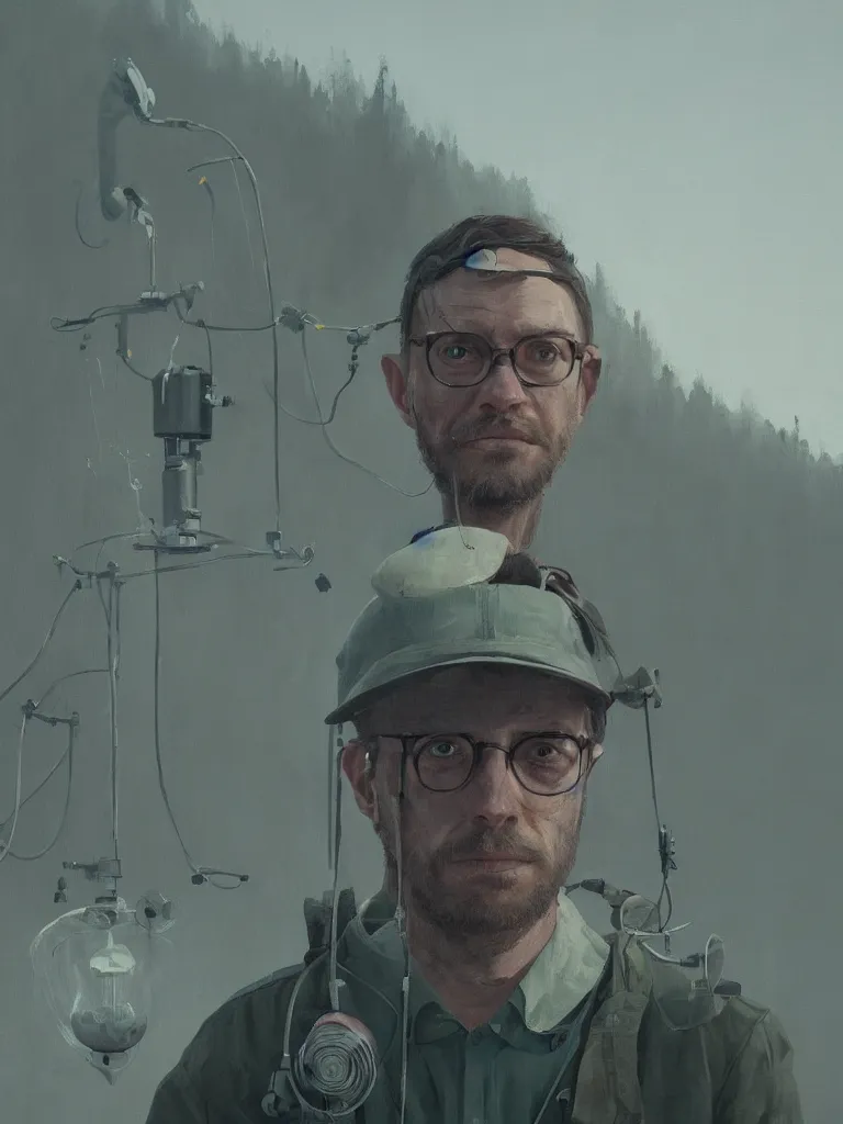 Prompt: a portrait of a researcher like indianer jones in a painting from stalenhag, 4 k, 8 k, hdr, artstation