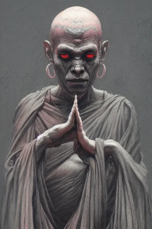 Image similar to Meditating Buddhist Undead Monk, dark fantasy, intricate, highly detailed, smooth, artstation, painted by Wayne Barlowe, Greg Rutkowski, zdislav beksinski, Francis Bacon