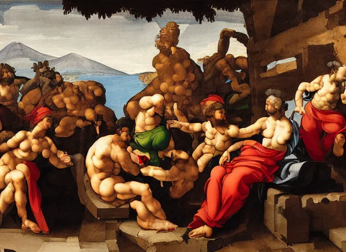 Image similar to detailed painting of average greeks drink wine and have fun against the backdrop of mount vesuvius starting to erupt by michelangelo