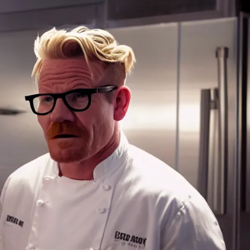 Prompt: A Movie Still of Gordon Ramsay As Walter White, Glasses, Fedora, 8k, exquisite detail, HD, Photorealistic lighting