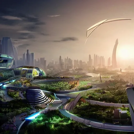 Image similar to scenic view of a futuristic modern utopian eco friendly city