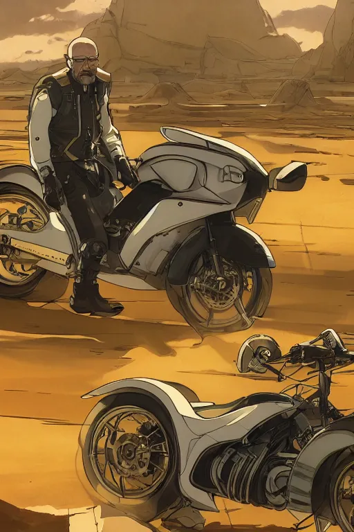 Image similar to walter white riding a futuristic motorcycle on an abandonment planet, high intricate details, rule of thirds, golden ratio, cinematic light, 8 k, octane render, anime style, graphic novel by fiona staples and dustin nguyen, art by beaststars and orange, peter elson, alan bean, studio ghibli, makoto shinkai