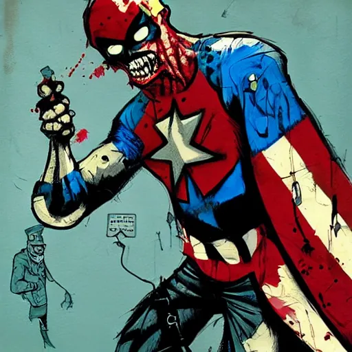 Prompt: captian America, zombie, creative design, character design, full body portrait, graffiti, by ashley wood and jamie hewlett