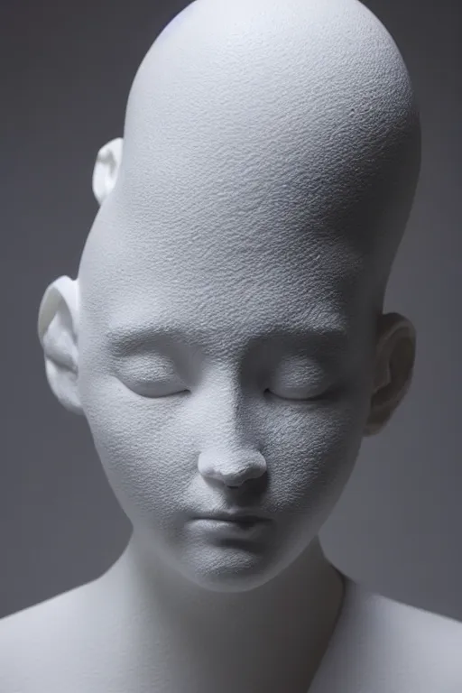 Prompt: full head and shoulders, beautiful female porcelain sculpture by daniel arsham and raoul marks, smooth, all white features on a white background, delicate facial features, white eyes, white lashes, detailed white, the head is split open like an egg, gold paint flows out