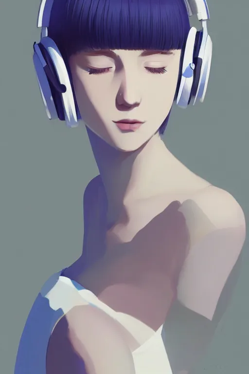 Prompt: a cute young woman with white bob cut hair listening to music and wearing headphones by Ilya Kuvshinov and Range Murata, eyes closed, blue filter, blue and white, soft lighting, atmospheric, cinematic atmosphere, moody, Krenz Cushart, digital painting, 8k