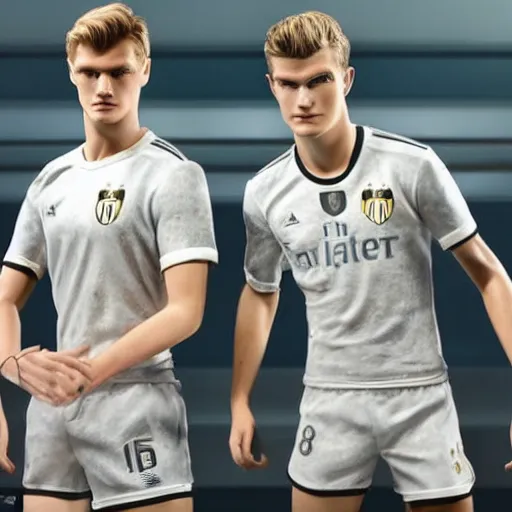 Image similar to a realistic detailed photo of a guy who is an attractive humanoid who is half robot and half humanoid, who is a male android, soccer players martin ødegaard & timo werner, shiny skin, posing like a statue, blank stare, in a factory, on display, showing off his muscles, gold soccer shorts, side view, looking at each other mindlessly