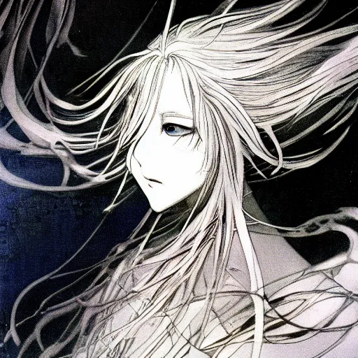 Prompt: yoshitaka amano blurred and dreamy illustration of an anime girl with black eyes, wavy white hair fluttering in the wind wearing elden ring armor and engraving, abstract black and white patterns on the background, noisy film grain effect, highly detailed, renaissance oil painting, weird portrait angle, blurred lost edges, three quarter view, blue and white color palette