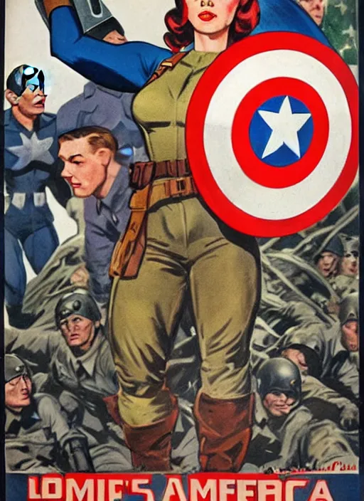 Image similar to beautiful female captain america standing on a pile of defeated german soldiers. feminist captain america wins wwii. american wwii propaganda poster by james gurney. gorgeous face. overwatch