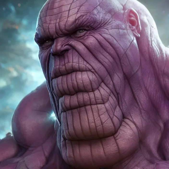 Image similar to thanos, au naturel, hyper detailed, digital art, trending in artstation, cinematic lighting, studio quality, smooth render, unreal engine 5 rendered, octane rendered, art style by klimt and nixeu and ian sprigger and wlop and krenz cushart